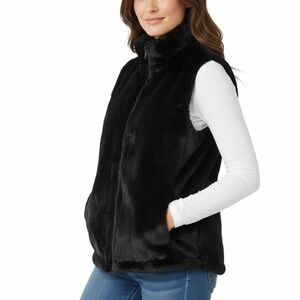 Nicole Miller Reversible Vest Medium Pockets Faux Fur Quilted Black Puffer